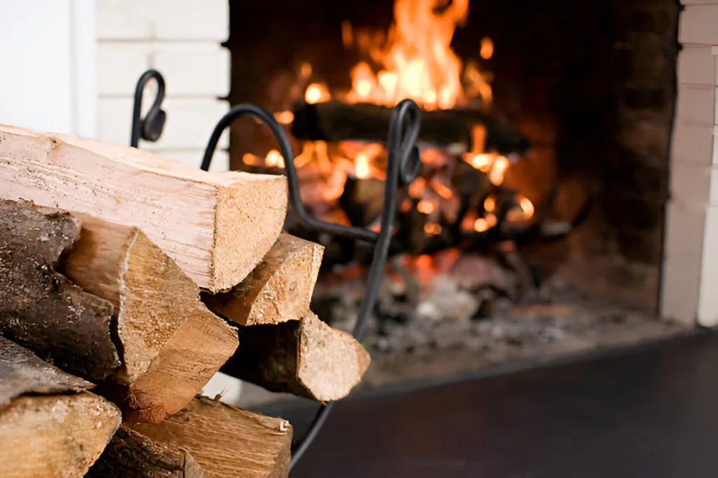 Fireplace with fire burning